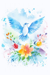 Fototapeta na wymiar Vertical flowers and dove background with copy space for greeting text