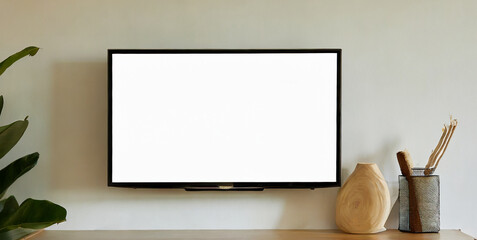 mockup white wall background modern living room decor with a tv cabinet  - obrazy, fototapety, plakaty