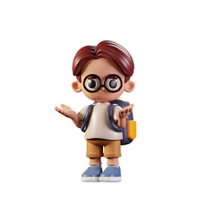 3d Character Student Confused Pose. 3d render isolated on transparent backdrop.