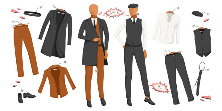 Collection of black, brown and white formal wear on sale. Collection of jacket, shirt, trousers, vest, shoes. Male warm office uniform on mannequin. Isolated on white background. Vector illustration