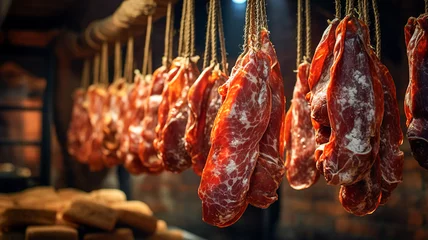 Fotobehang Smoked pork. Traditional method of smoking meat in smok in a homemade smokehouse. © BlazingDesigns