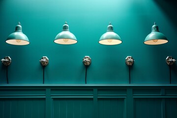 Obraz premium Blogging against a blue-green wall with 5 lamps. Generative AI