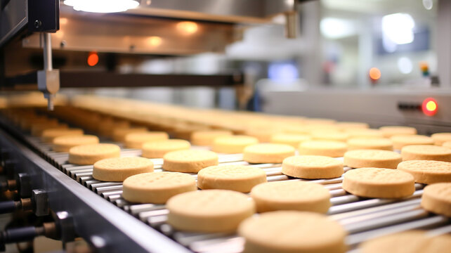 Biscuits on conveyor belt at factory. Biscuits on conveyor belt in confectionery factory. Production line at the bakery. Food Industry.
