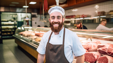 Man standing in front of shelves with raw meat. Butcher or shopkeeper working in modern meat shop.
