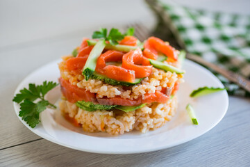 Boiled white rice with salted red fish, cucumbers and other vegetables with herbs in a plate.