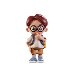3d Character Student Curious Pose. 3d render isolated on transparent  backdrop.