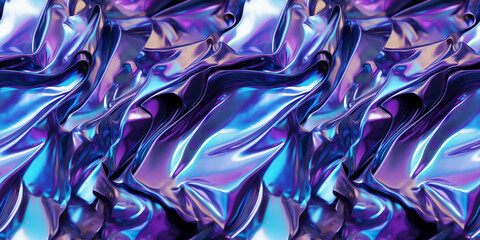 Silver, purple, and dark blue holographic surface seamless pattern. Shimmering iridescent tile. Futuristic twisted and crumpled aluminum foil made of liquid metal with color gradients.