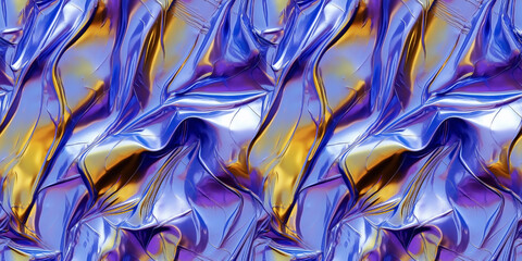 Blue, lavender, and yellow holographic surface seamless pattern. Shimmering iridescent tile. Futuristic twisted and crumpled aluminum foil made of liquid metal with color gradients.