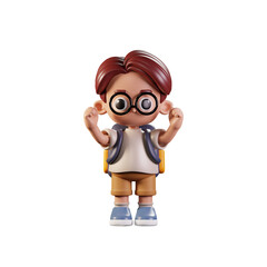 3d Character Student Excited Pose. 3d render isolated on transparent backdrop.