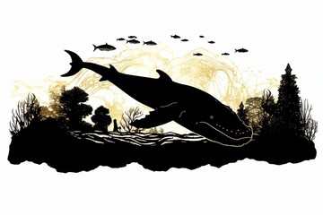 Silhouette drawing of ancient whale - rodhocetus and georgiacetus, along with other extinct animals, for coloring book. Generative AI