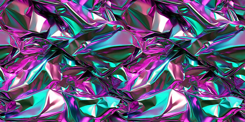 Turquoise, purple, and pink holographic surface seamless pattern. Shimmering iridescent tile. Futuristic twisted and crumpled aluminum foil made of liquid metal with color gradients.