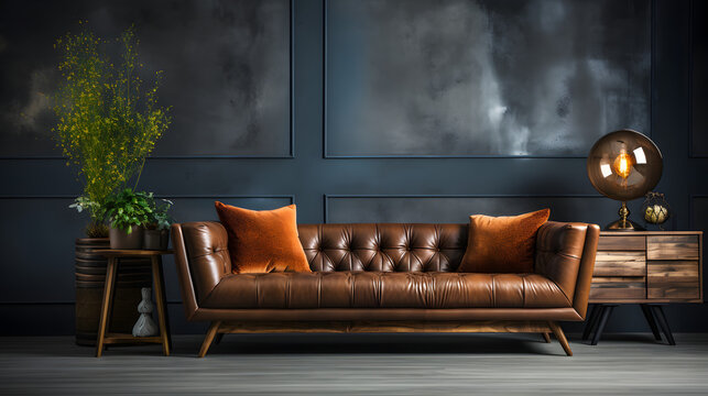 lue tufted sofa against dark concrete wall with wooden paneling. Loft style interior design of modern living room