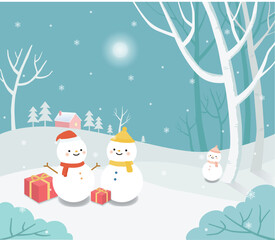 Winter snowy landscape illustration with snowman, gifts and trees