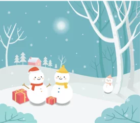 Zelfklevend Fotobehang Winter snowy landscape illustration with snowman, gifts and trees © hwikyung