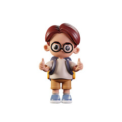 3d Character Student Giving A Thumb Up Pose. 3d render isolated on transparent backdrop.