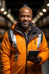 A happy and smiling worker in a warehouse engineer supervising operations. Handle packages with precision and efficiency, ensuring smooth logistics. Young adult worker in logistics.