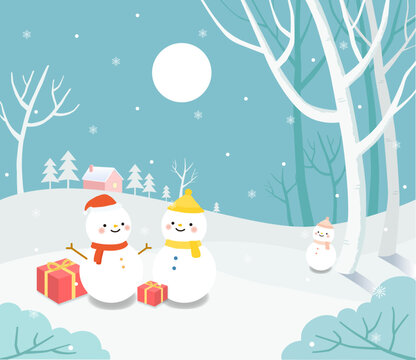 Winter snowy landscape illustration with snowman, gifts and trees