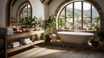 Mediterranean interior design of modern spacious bathroom with rustic elements and arched windows