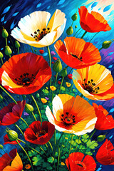 Red poppies flowers oil painting on canvas, beautiful colorful flowers background.