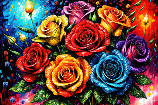 Multicolored roses flowers oil painting on canvas, beautiful colorful flowers background.