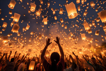 The girl with her back turned releases Yi Peng lanterns into the sky in the traditional ceremony of Chiang Mai Province.