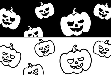 ハロウィンのカボチャの白黒の帯状の背景素材　線画