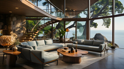 Fototapeta premium Mid-century coastal home interior design of modern living room in seaside villa