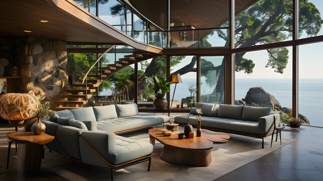 Mid-century coastal home interior design of modern living room in seaside villa