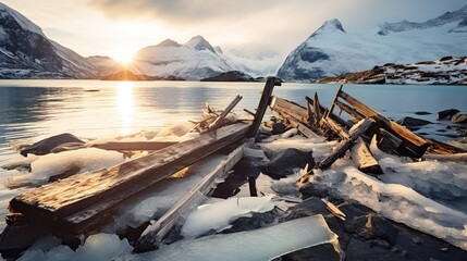 Empty rustic old wooden boards table copy space with arctic landscape in background - calm lake and snow covered mountains at distance - obrazy, fototapety, plakaty