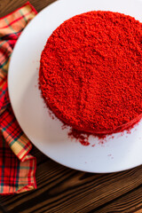 Sugar dessert, cake with cream and chocolate. Holiday baking. Homemade pastry