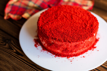 Sugar dessert, cake with cream and chocolate. Holiday baking. Homemade pastry