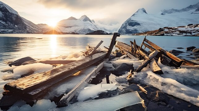 Empty rustic old wooden boards table copy space with arctic landscape in background - calm lake and snow covered mountains at distance