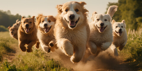 A group of happy dogs running across a fields. 
