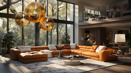 Mid-century interior design of modern living room with golden chandelier - obrazy, fototapety, plakaty