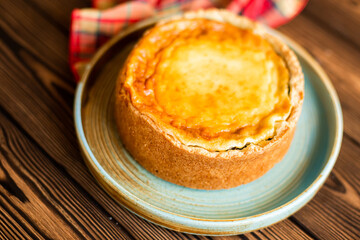 Sugar dessert, cake with cream and chocolate. Holiday baking. Homemade pastry