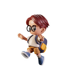 3d Character Student Jumping Pose. 3d render isolated on transparent backdrop.