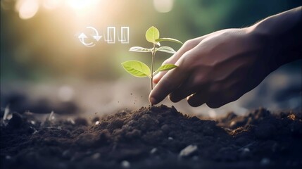Hand was planting green tree on earth with Co2 metaphor climate change solution plant absorb carbon dioxide , Generative AI illustrations.
