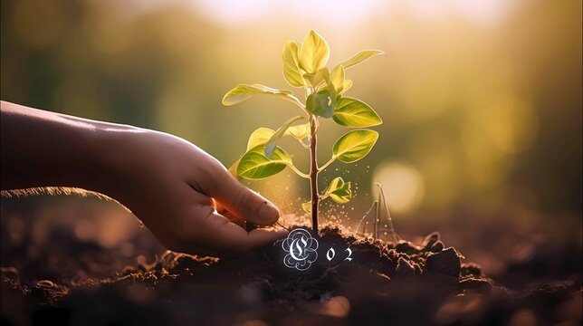 Hand was planting green tree on earth with Co2 metaphor climate change solution release oxygen to the air, Generative AI illustrations.