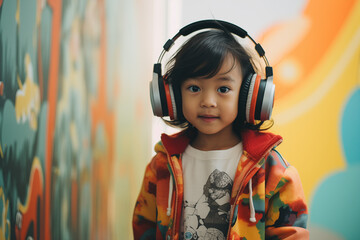 Detailed photo of a little asian girl on a light background wearing headphones