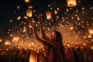 The beautiful woman releases Yi Peng lanterns into the sky, a traditional ceremony in Chiang Mai Province. - obrazy, fototapety, plakaty