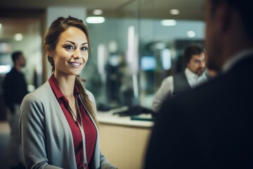 A cheerful businesswoman at a modern office front desk, providing friendly and professional service to clients. She welcomes and assists with phone calls, ensuring a positive workplace environment.
