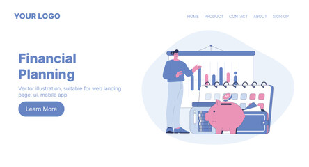 Financial Planning. Web Landing Page Design. Flat Cartoon Vector Illustration.