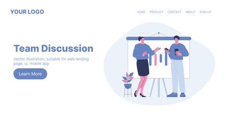 Team Discussion. Web Landing Page Design. Flat Cartoon Vector Illustration.