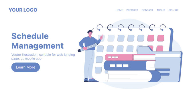 Schedule Management. Web Landing Page Design. Flat Cartoon Vector Illustration.