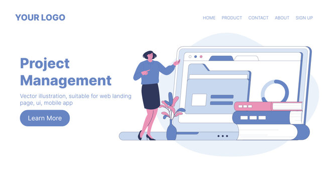 Project Management. Web Landing Page Design. Flat Cartoon Vector Illustration.