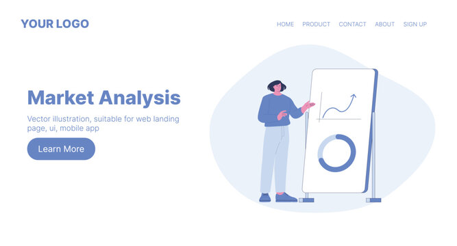 Market Analysis. Web Landing Page Design. Flat Cartoon Vector Illustration.