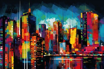 vibrant urban landscape with tall buildings and colorful pop art inspired artwork, captured on a canvas print to adorn your walls. Generative AI