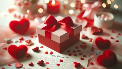 Valentine's Day Concept: Red Gift Box and Love Elements on Blurred Background