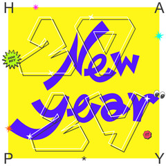 New year 2023 celebration template design on yellow background with geometric elements. Vector for social media post.