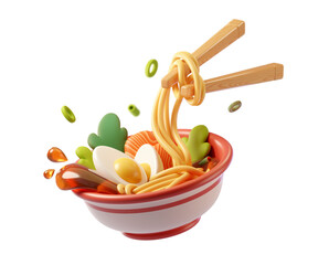 3D Asian food. Bowl of traditional noodle soup with eggs, salmon and green isolated on white backdrop. Noodles hanging on chopsticks. Ramen, udon, soba, tom yum soup. 3d render illustration © Nadezhda
